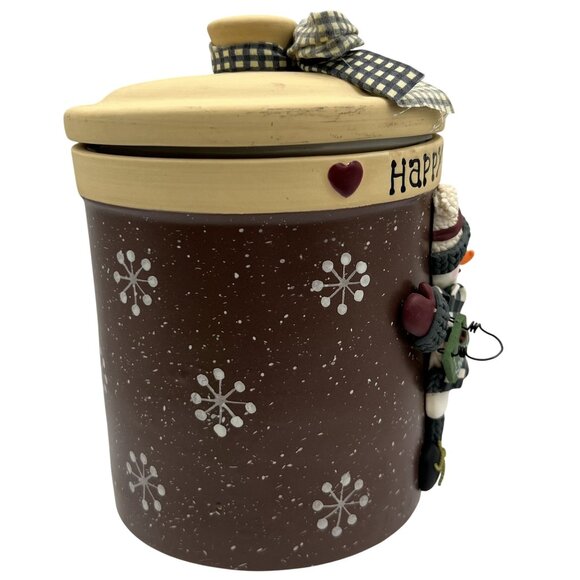Happy Holidays 3D Snowman Ceramic Cookie Jar Lid Bow 7" Brown Snowflake Design - Picture 6 of 12